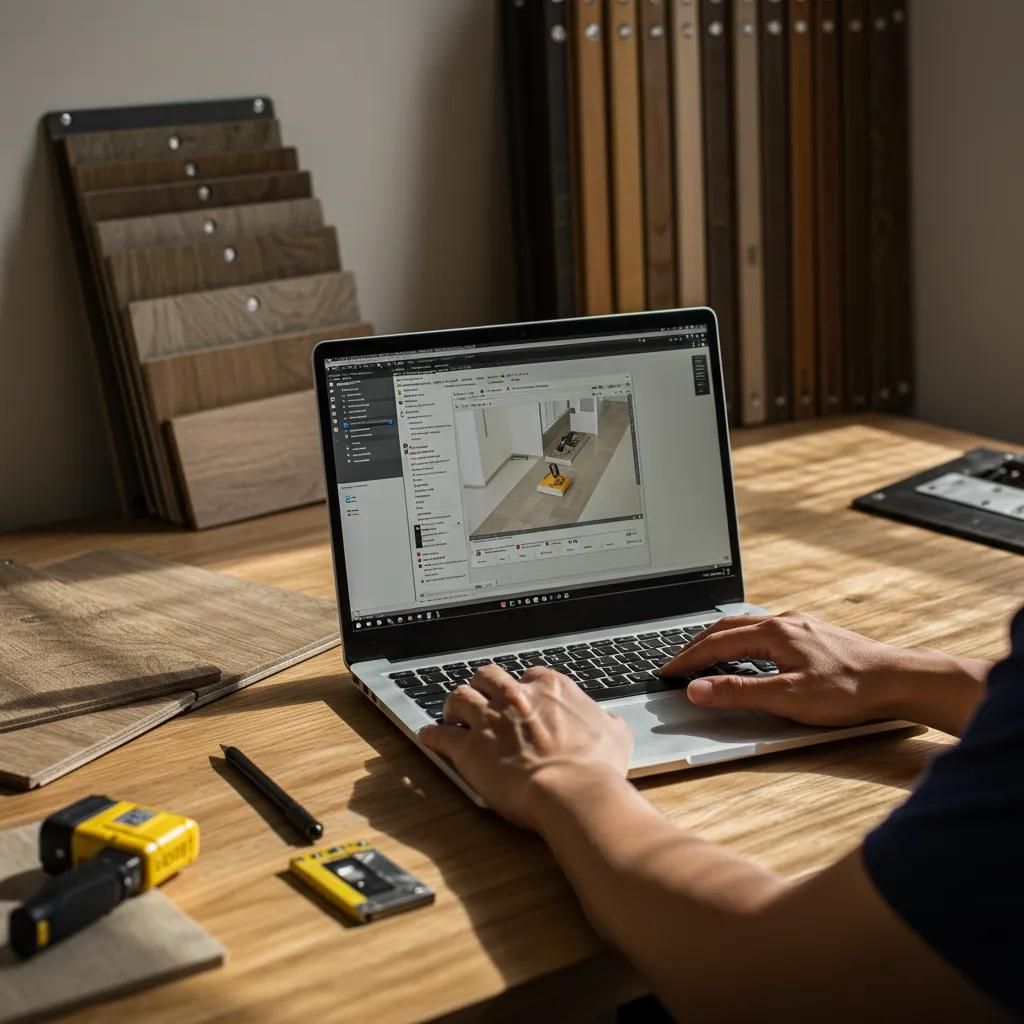 Contractor using flooring estimating software in a modern workspace with flooring samples