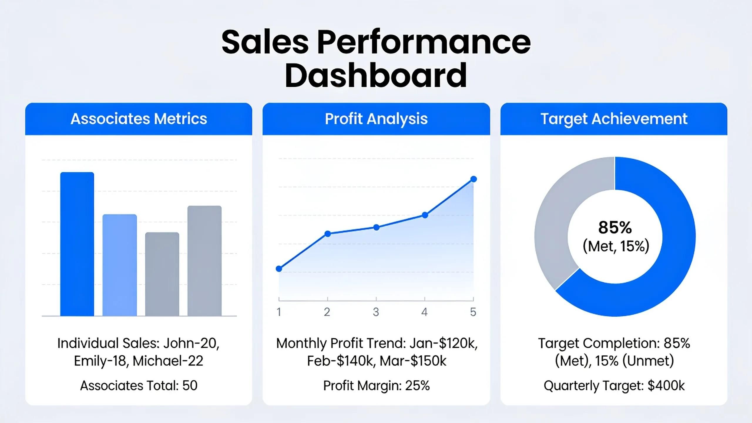 Sales dashboard displaying metrics for associates, profits, and targets with visual graphs