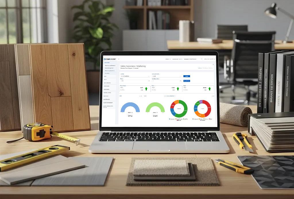 Modern flooring management software interface with flooring samples in a professional workspace