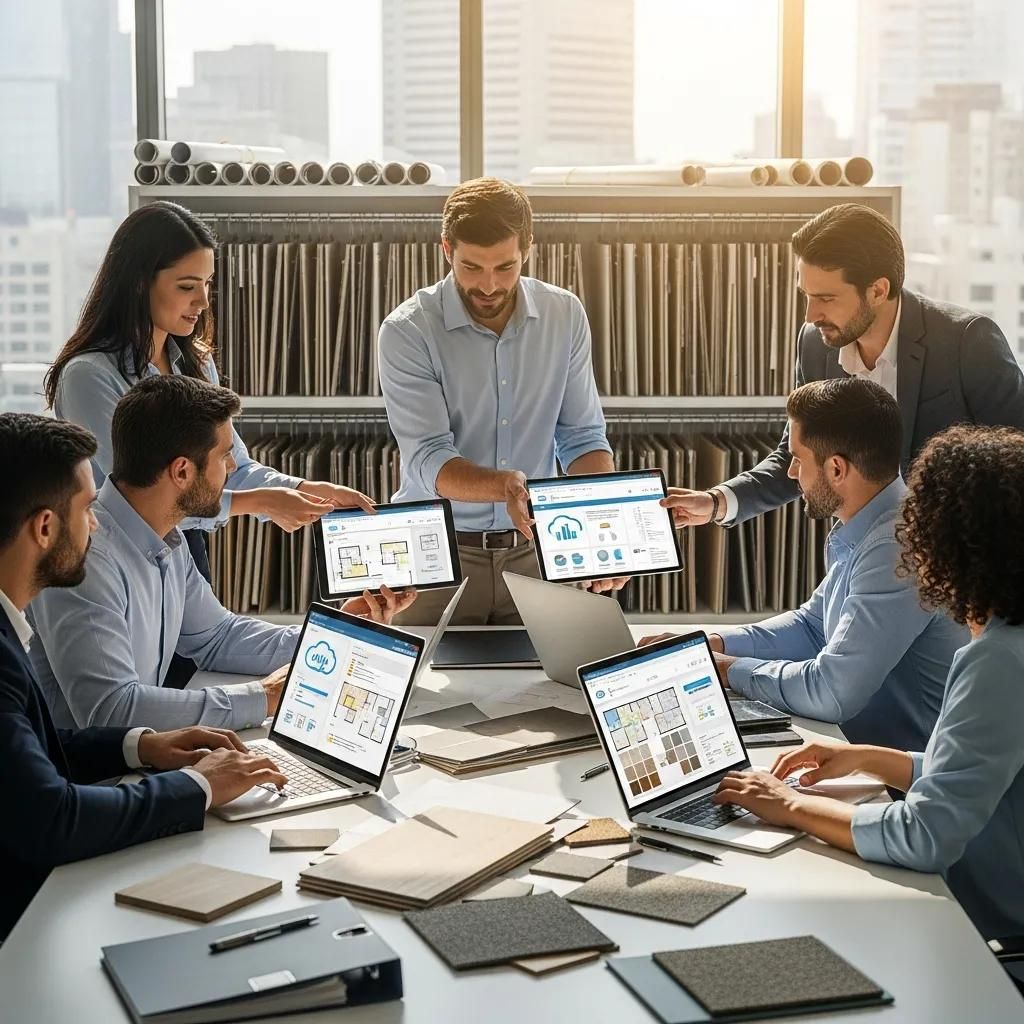 Team collaborating on cloud flooring management software in a modern office