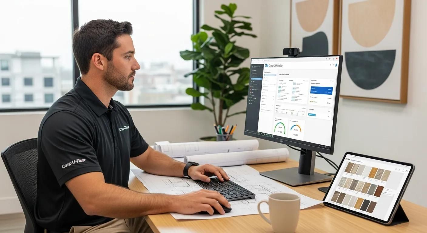 Flooring contractor efficiently using Comp-U-Floor's cloud estimation software in a modern workspace.