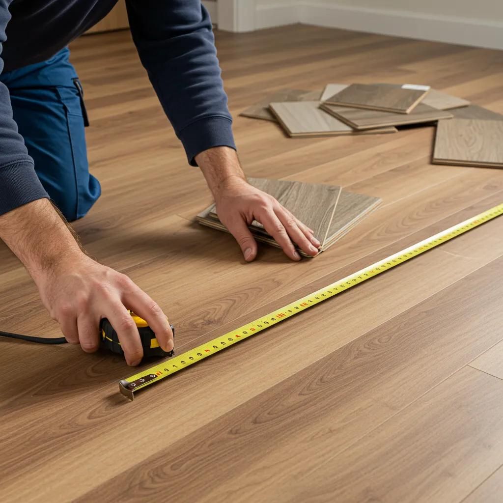 Contractor measuring flooring with tools in a well-lit room