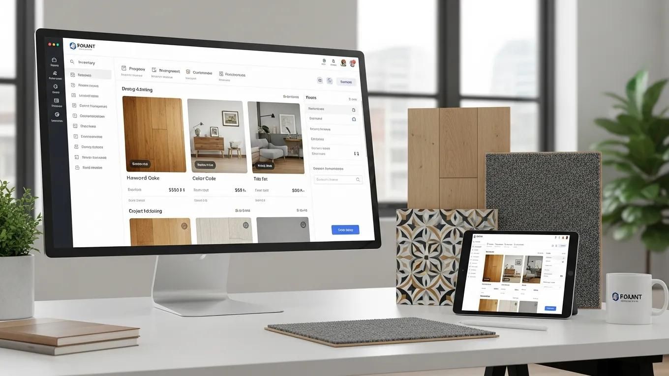 Modern flooring management software interface with flooring samples in a professional workspace