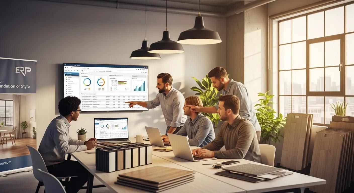 Modern flooring business workspace with ERP software and collaborative team