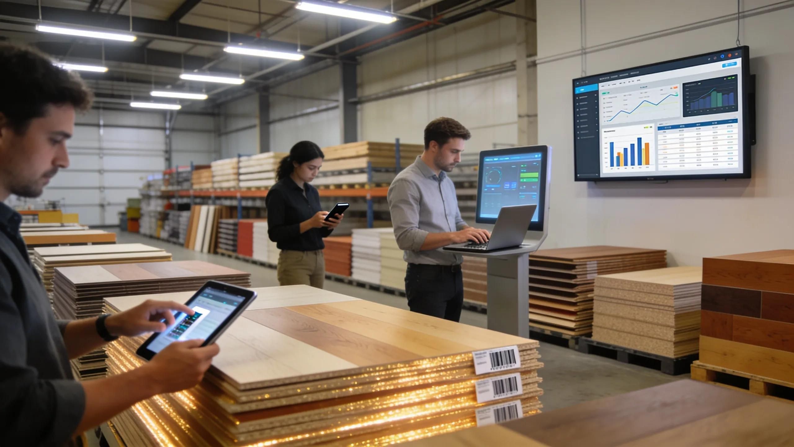 Modern flooring inventory management system with employees using technology in a warehouse