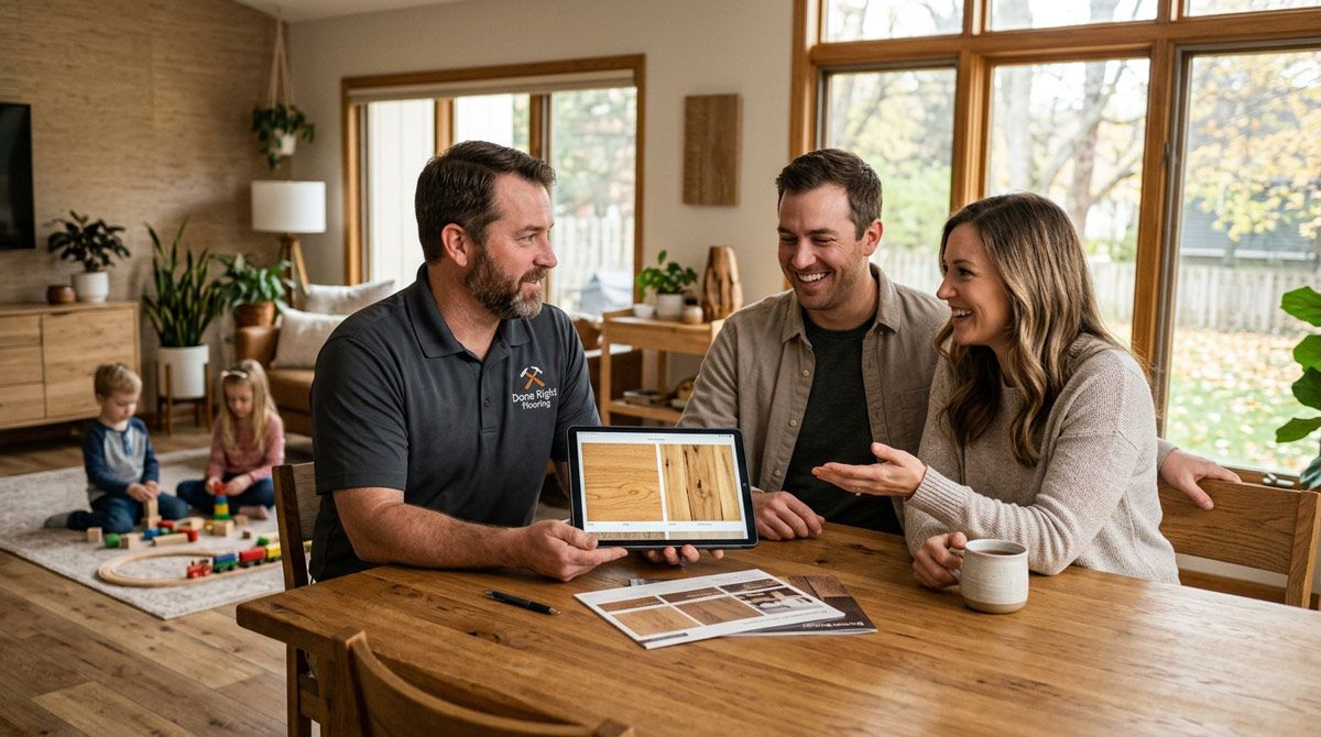 Flooring-contractor-sitting-at-a-wooden-dining-room-table-inside-a-warm,-modern-Midwestern-home