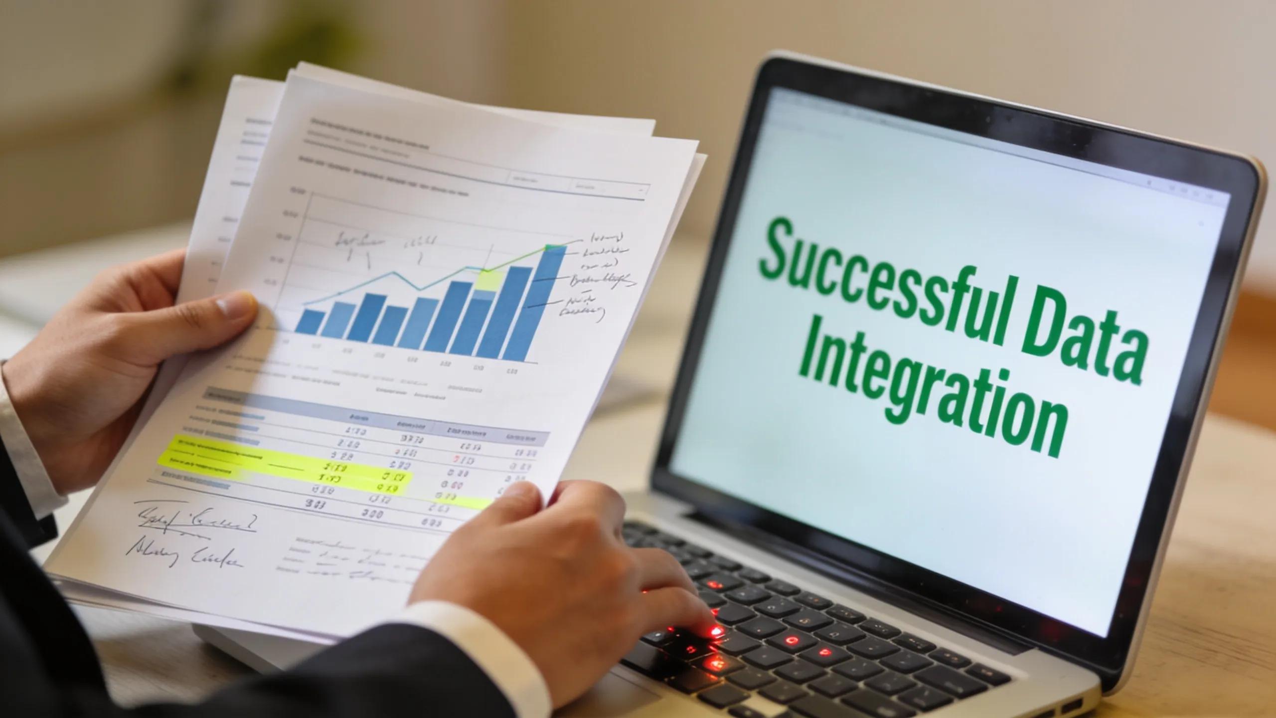Professional examining financial documents and laptop showcasing successful data integration.