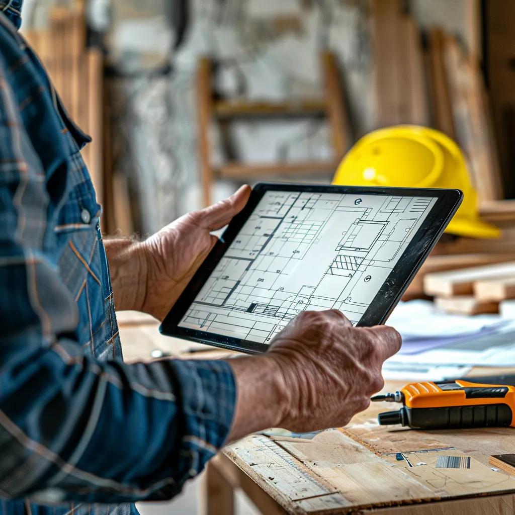 Contractor analyzing digital blueprint for automated material takeoff, highlighting accuracy and waste reduction