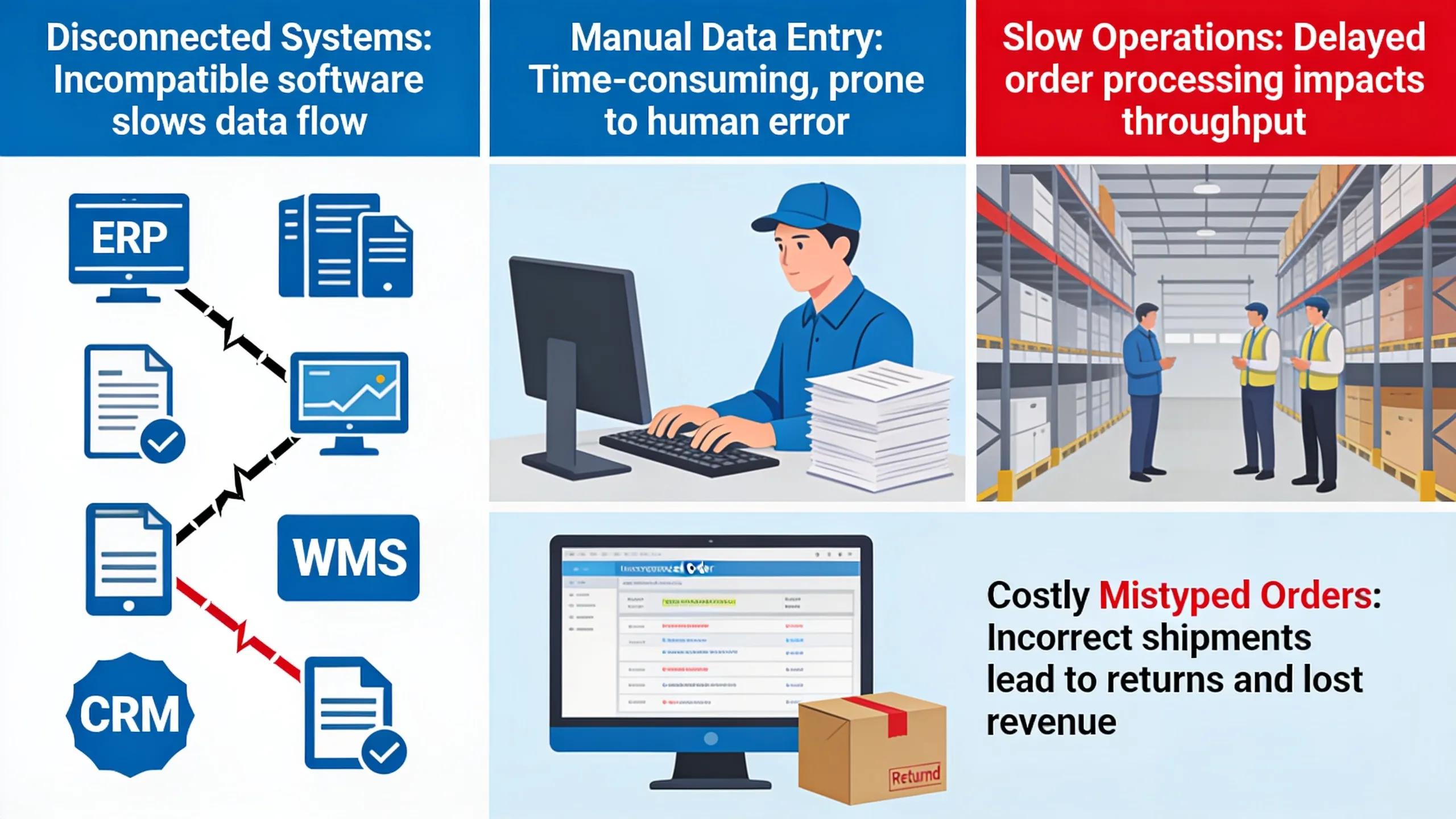 Disconnected systems and manual data entry slow warehouse operations, cause costly mistyped orders, and pull