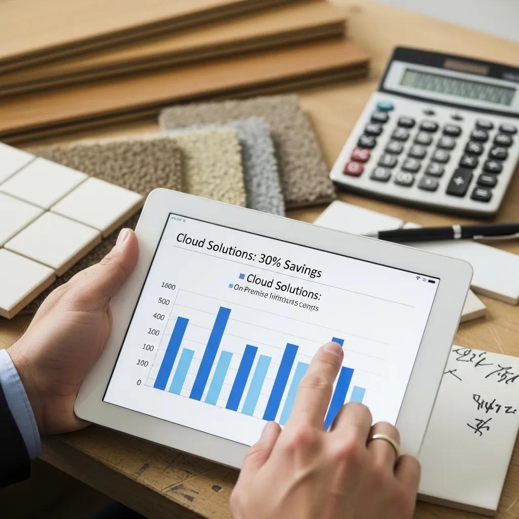 Business professional analyzing cost savings with flooring materials in the background