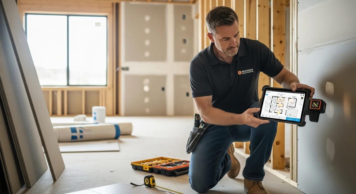 Flooring contractor efficiently capturing on-site measurements with a mobile device for precise estimation.