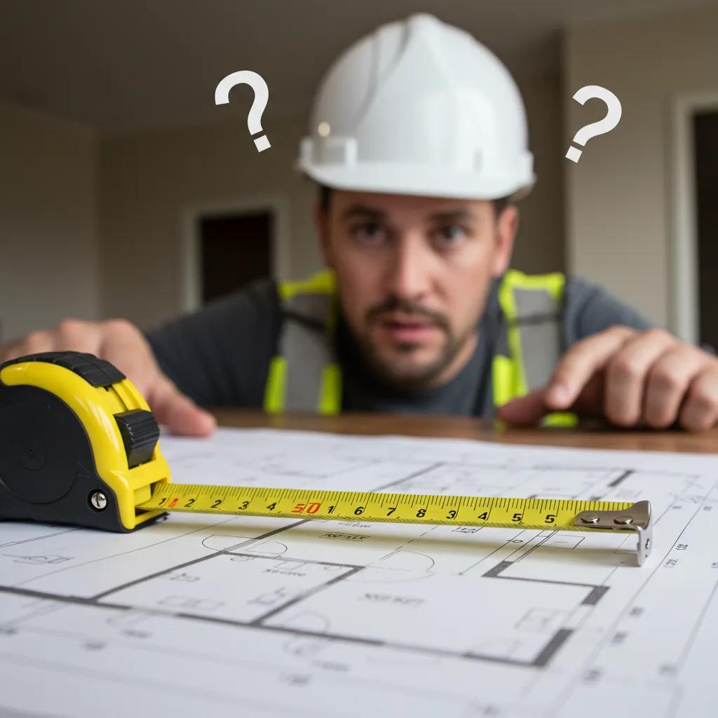 Close-up of a tape measure on a floor plan with a contractor looking puzzled