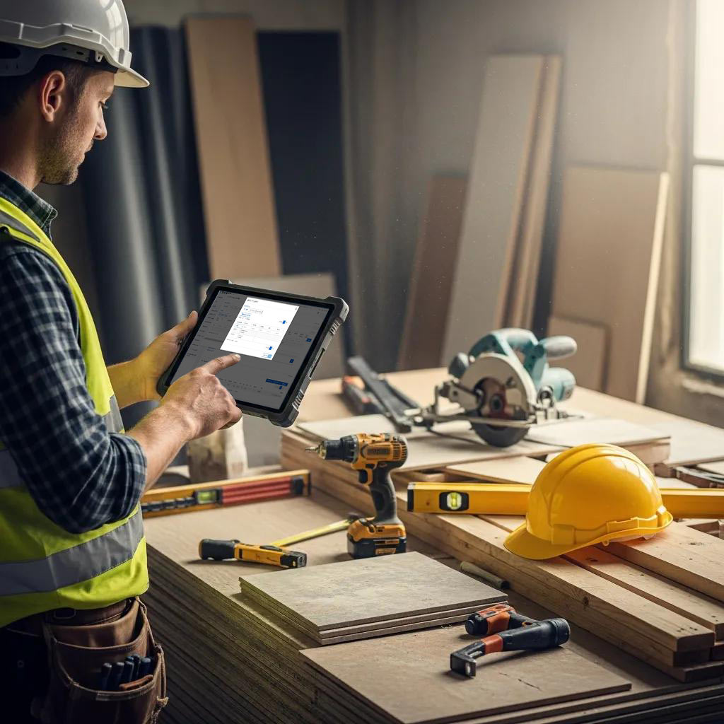 Construction worker managing automated work orders on a tablet at a job site
