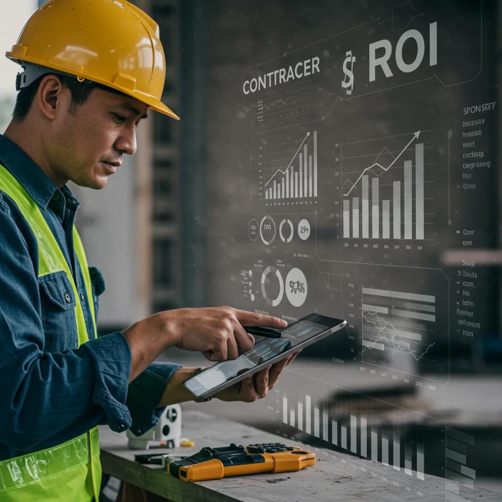 Contractor analyzing ROI metrics on a tablet in a construction office