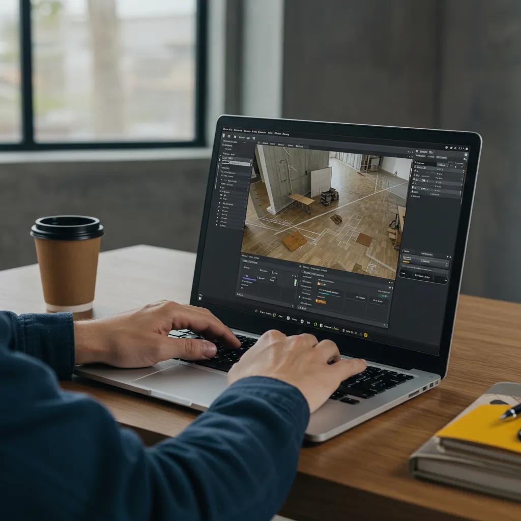 Contractor using flooring estimating software on a laptop in a modern workspace