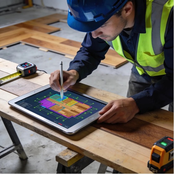 flooring contractor using tablet to map out flooring project