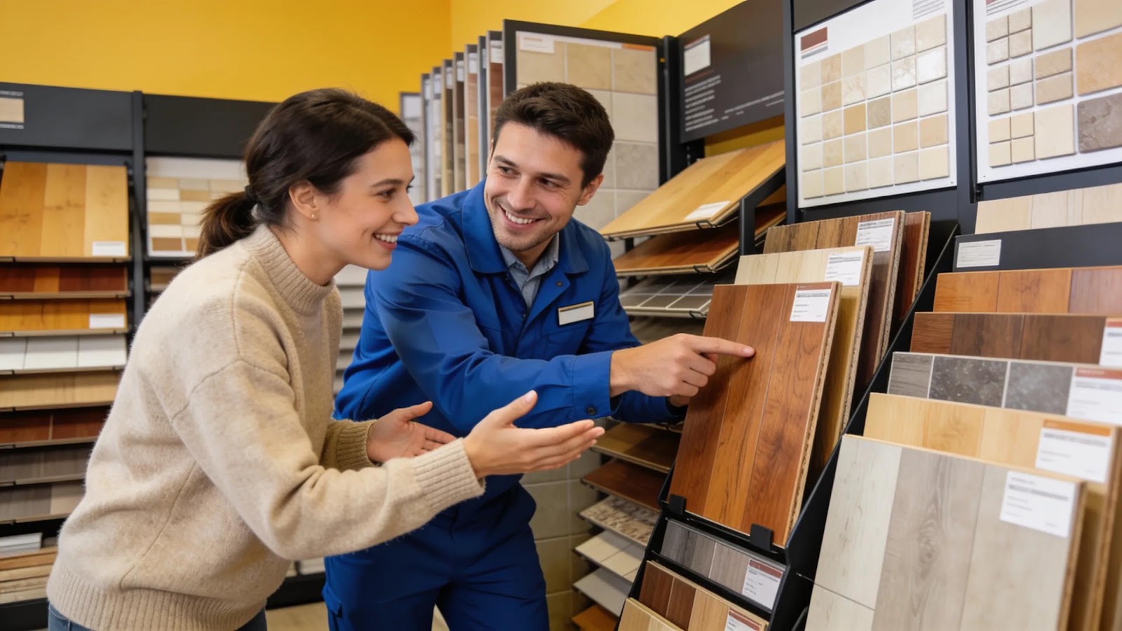 flooring salesperson showing samples to female customer