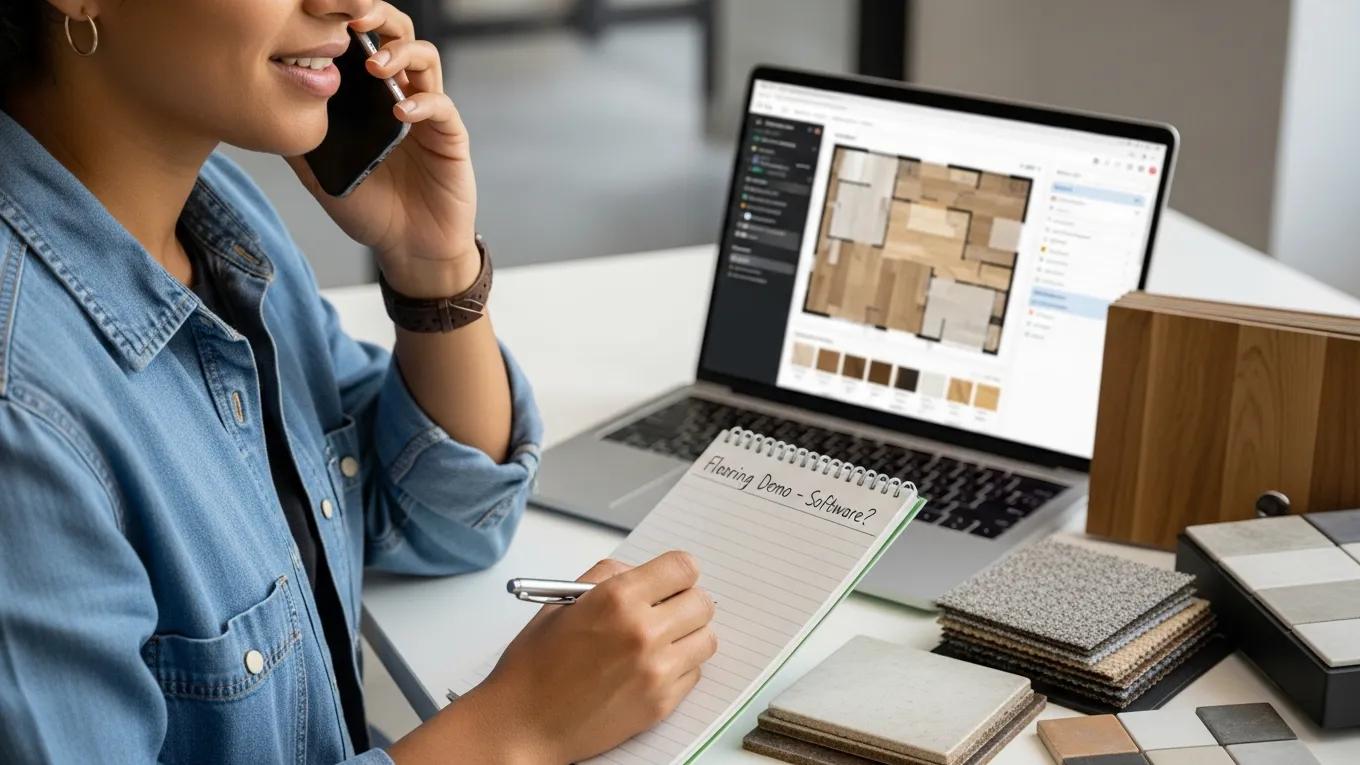 Person scheduling a flooring software demo on a phone call with a notepad and laptop