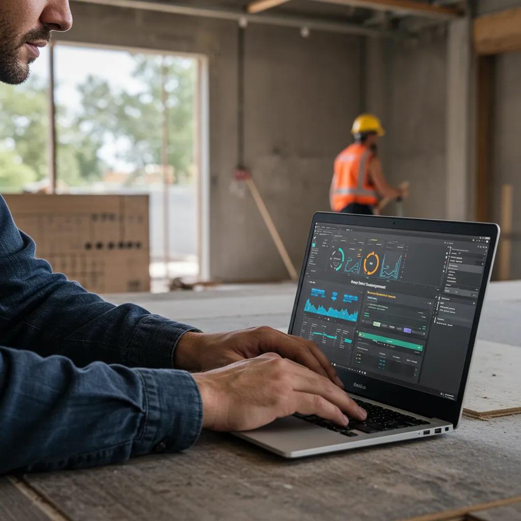 Project manager reviewing a digital project management dashboard on a tablet, with a bustling construction site visible in the background