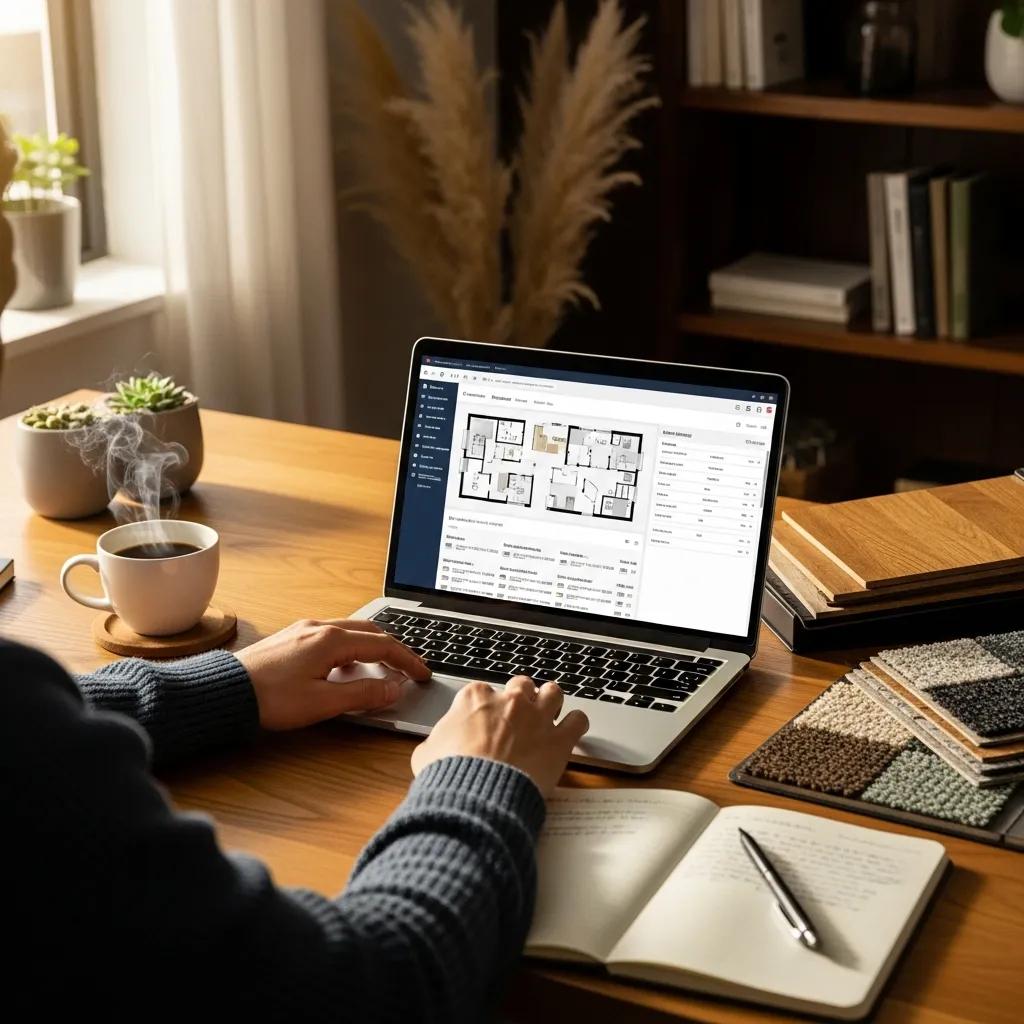 Remote worker accessing cloud flooring management software in a cozy home office