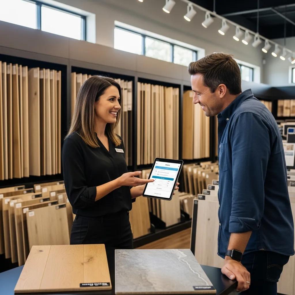 Sales representative creating a flooring quote on a tablet in a showroom