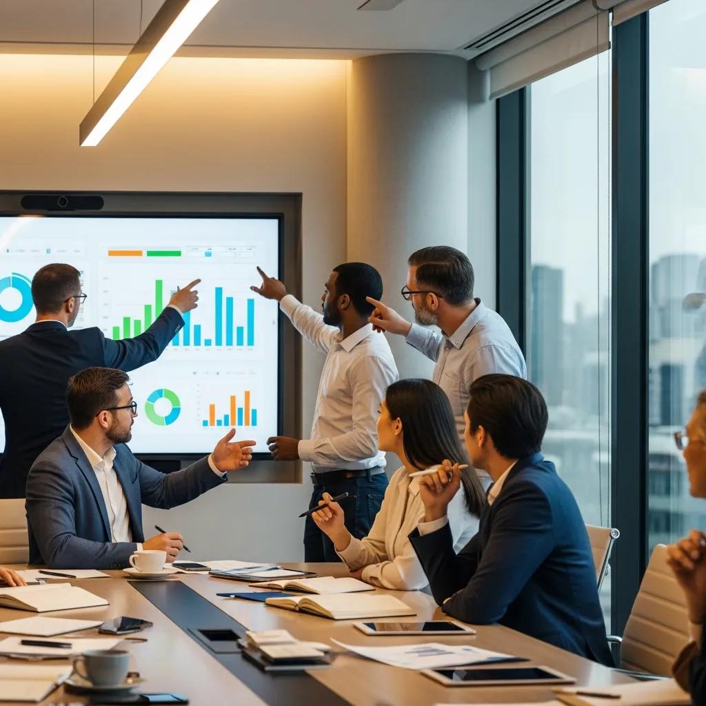 Team of flooring professionals analyzing data in a meeting room to enhance profit margins
