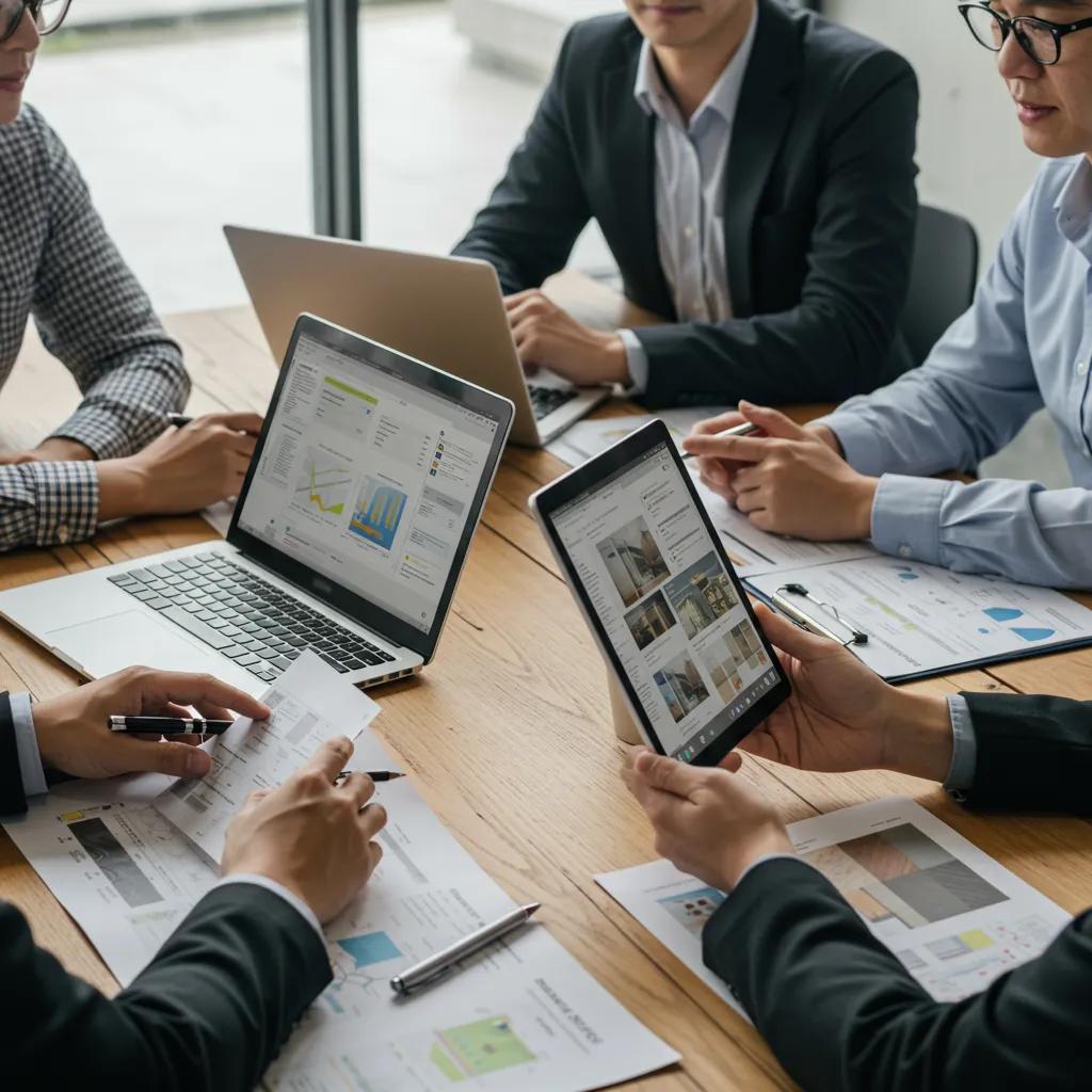 Flooring professionals collaborating effectively on customer relationship management with Comp-U-Floor's integrated CRM.